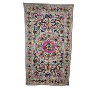 Original Kikan Tapiz rectangular floral Suzani Art con lentejuelas indias para colgar en la pared, de algodón, bordado, estilo étnico bohemio (gris)