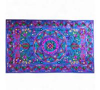 Original Kikan Tapiz rectangular floral Suzani Art con lentejuelas para colgar en la pared, tapiz indio bordado de algodón, corredor étnico bohemio (azul marino)