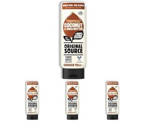Original Source Gel de ducha de coco y manteca de karité, fragancia 100% natural, vegano, libre de crueldad, sin parabenos, botella grande, 750 ml (Paquete de 4)