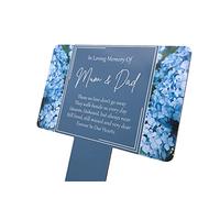 OriginDesigned Estaca de placa conmemorativa de mamá y papá. Hermoso marcador de tumba impermeable impreso con flores de hortensia azul y un poema de recuerdo. Enviado a nivel mundial.