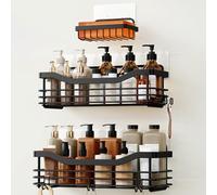 Orimade Adhesivo Estantes Cesta para Ducha Estanteria con 5 Colgadores Organizador Baño SUS304 Acero Inoxidable Sin Taladro - Pack de 3 (Negro)