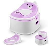 Orinal para niños 3 en 1, entrenador de inodoro con taburete y bandeja extraíble, asiento de inodoro infantil con diseño de oso, orinal de aprendizaje antideslizante para niños pequeños (morado)