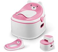 Orinal para niños 3 en 1, entrenador de inodoro con taburete y bandeja extraíble, asiento de inodoro infantil con diseño de oso, orinal de aprendizaje antideslizante para niños pequeños (rosa)