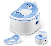 Orinal para niños 3 en 1, entrenador de inodoro con taburete y bandeja extraíble, asiento de inodoro infantil con diseño de oso, orinal de aprendizaje antideslizante para niños pequeños (azul)