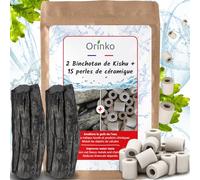ORINKO® Carbón Activado Binchotan x2 + Perlas de Cerámica EM x15 - Carbon Activado Perlas de Filtro Agua Grises para Purificación Natural - Filtración Ecológica y Sostenible para Agua Potable