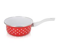 orion group Cacerola esmaltada, 950 ml, retro, diámetro de 16 cm, apta para todo tipo de fuegos y hornos, material resistente con asa, apta para lavavajillas, olla roja con lunares blancos
