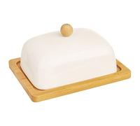 ORION GROUP Mantequera de porcelana con tapa, 16 x 13 x 8,5 cm, porcelana blanca y madera de bambú, recipiente de mantequilla ecológico, decoración perfecta para mesa y cocina