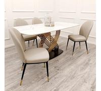 Orion - Juego de mesa de comedor de piedra sinterizada blanca con base dorada 1.8 con 6 sillas de cuero Etta, diseño moderno para comedor, 180 x 90 x 74 cm