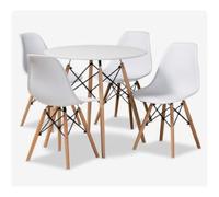 Orion91 Conjunto Mesa 4 Patas Blanca 80x80x76cm + 4 Sillas Polipropileno Color Blanco y Patas en Madera Haya 46,5 x 48 x 82 cm Comedor Oficina Salón Teletrabajo Cocina - SpazioLuzio-