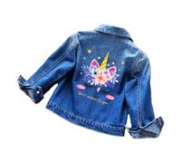 OrJana Chaqueta vaquera para niña con unicornio, azul vaquero, decorada con flores y estrellas, diseño mágico con bordado arcoíris, Estilo 1, 5-6 Years