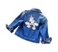 OrJana Chaqueta vaquera para niña con unicornio, azul vaquero, decorada con flores y estrellas, diseño mágico con bordado arcoíris, Estilo 2., 7-8 Years