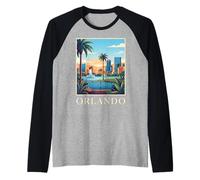 Orlando Florida Retro Vintage Horizonte Puesta del Sol Paisaje Urbano Camiseta Manga Raglan
