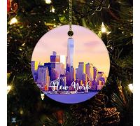Ornamento de Navidad Rascacielos de la ciudad y el horizonte 2022 ornamento de paisaje urbano de Nueva York, decoraciones de árbol de Navidad, adorno de cerámica de círculo plano, 3 pulgadas