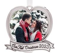 Ornamentos de boda 2023 - Nuestro primer adorno navideo - Heart Picture Frame con cinta de plata - 2023 adorno de Navidad para compromisos o rec