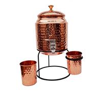 Ornate International Dispensador de agua de cobre 3000 ml, 2 piezas de vidrio 300 ml con soporte, 36 cm de altura, 18 cm de profundidad 1500 g 0.79 galones para almacenamiento de agua