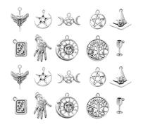 Ornazy 100 piezas de 10 estilos de suministros de manualidades de plata envejecida, sol, luna, estrella, tarot, cáliz, sombrero de bruja, dijes de brujería vintage para hacer joyas