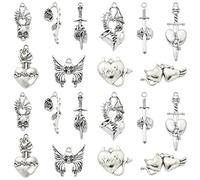 Ornazy 50 dijes góticos de plata envejecida de 10 estilos con alas de corazón, rosa, mariposa, calavera, para hacer joyas, collares, pulseras