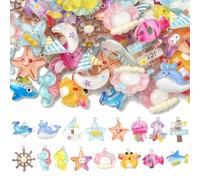 Ornazy 50 mini dijes de resina oceánica con diseño de animales coloridos con temática marina, estrella de mar, pulpo, peces, adornos para hacer joyas y manualidades