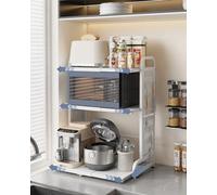 Ornestia Estante Extensible para Microondas con Cajón, 3 Niveles y 6 Ganchos Metálicos, Soporte para Freidora sin Aceite y Horno, Almacenamiento de Encimera de Cocina (Blanco)