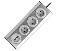 ORNO AE-1340(GS) 3 Enchufes Cocina Montaje En Superficie de 45 ° 3680W para Cocina, Oficina y Encimera, Color Plateado (3 Compartimentos + Cable + 2xUSB)