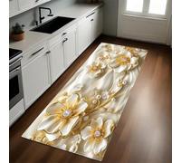 Oro Alfombra de Cocina 50 x 80 cm Flores y Perlas en Relieve Antideslizante y Lavable, Camino Multiusos Resistente al Desgaste, Antimanchas, Ideal para Bajo Fregadero y Fogones