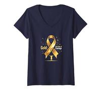 Oro de septiembre: Coraje de Conciencia sobre el cáncer Infantil Camiseta Cuello V, Mujer, Azul Marino, M