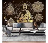 Oro Flores Geométrico Estatua De Buda Zen 3D Papel Pintado Pared Fácil Instalación Oficina Sala Estar Sofá Dormitorio TV Fondos Decoración-350cm×256cm