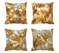 Oro Funda Cojin 65x65cm Cojines Exterior Sofa Cama Funda Almohada Lino Cojines Exterior Impermeable Decorativos Hojas Grandes Fundas Almohadas para Sofá Cuadradas Juego 4 Cremallera Invisible g-9646
