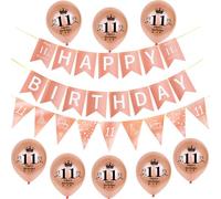 oro rosa Guirnalda Happy 11th Birthday Bandera +11 años Cumpleaños Triángulo Bandera + 8 pcs globos 11 años cumpleaños decoración para las niña, cumpleaños 11 años niña chica fiesta decoración