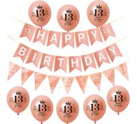 oro rosa Guirnalda Happy 13th Birthday Bandera +13 años Cumpleaños Triángulo Bandera + 8 pcs globos 13 años cumpleaños decoración para las niña, cumpleaños 13 años niña chica fiesta decoración