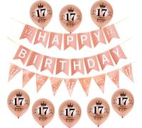 oro rosa Guirnalda Happy 17th Birthday Bandera +17 años Cumpleaños Triángulo Bandera + 8 pcs globos 17 años cumpleaños decoración para las niña, cumpleaños 17 años niña chica fiesta decoración