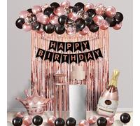 Oro rosa y negro decoraciones de globos de cumpleaños, negro y oro rosa globos guirnalda arco Kit con Champagne corona de globos de papel de aluminio para las mujeres 16a 21a 30a 40a 50a