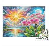 Orquídea Dendrobium Rompecabezas de Papel Grueso de orquídeas Rosas con Sol sobre el río, Regalo de Rompecabezas Relajante 70x50cm/1000 Piezas