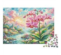 Orquídea Rompecabezas de Papel Resistente de orquídeas Rosas Junto al Arroyo y el Pueblo, Estimulante Mental, Alivio del estrés 52x38cm/1000 Piezas
