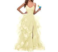 ORRCIGH Vestido de dama de honor con tirantes delgados, con volantes, de tul, con abertura, largo, formal, para fiesta de noche, maxi vestido WPX029, amarillo, 40