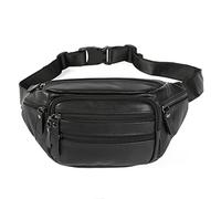OrrinSports Black Leather Fanny Pack for Men & Women, Fashionable Multi-Pockets Waist Belt Bag for Travel Sports Hiking Cycling Fishing Running