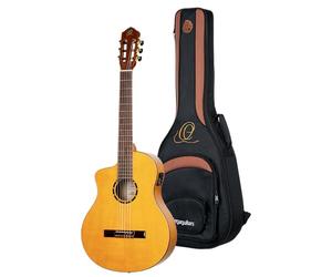 Ortega Guitars Family Series Pro - Guitarra flamenca para zurdos, tamaño 4/4, electroacústica, pícea y ciprés con acabado brillante, color amarillo - Incluye funda (RCE170F-L)
