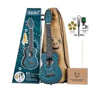 Ortega Guitars Ukelele Soprano azul - Keiki K2 - Kit de inicio incluye afinador, correa, 5 púas medianas y bolsa de dibujo - caleidoscopio azul (K2SS-BKC)