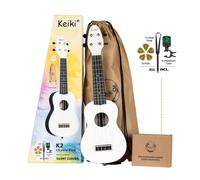 Ortega Guitars Ukelele Soprano blanco - Keiki K2 - Kit de inicio incluye afinador, correa, 5 púas medianas y bolsa de dibujo - pastel/tomatillo (K2-SCL)