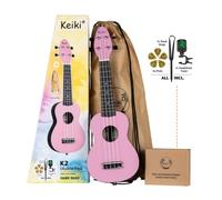 Ortega Guitars Ukelele Soprano rosa - Keiki K2 - Kit de inicio incluye afinador, correa, 5 púas medianas y bolsa de dibujo - pastel/polvo de hada (K2-FYD)