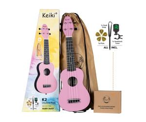Ortega Guitars Ukelele Soprano rosa - Keiki K2 - Kit de inicio incluye afinador, correa, 5 púas medianas y bolsa de dibujo - pastel/polvo de hada (K2-FYD)