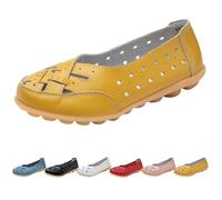 Orthopedic Loafers in Breathable Leather Womens Casual Lightweight Comfortable Hollow Soft Slip-On Flats Comfort Sandals out Round Toe Fashion Loafer (Yellow,38)