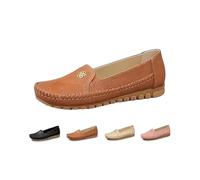 Orthopedic Loafers Shoes for Women Orthopedic Leather Loafers Dress Sneakers Slip on Shoes for Women Lightweight Slip on Stitched Flats Casual Comfort Anti-Slip Walking Shoes with Flower, marrón claro