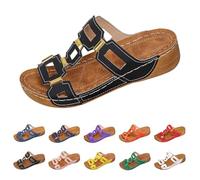 Orthopedic Sandals Mujer Reino Unido Cómodos Tipo Slider Verano Piel Tacón De Cuña Bordado Flor Bajo,Punta Abierta Transpirable Pantuflas para Mujeres Uso Diario.