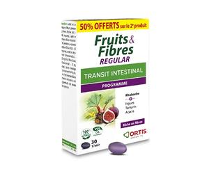 Ortis - Duo Fruits & Fibras Regular Promopack 2 x 30 comprimidos - Complemento alimenticio para favorecer el tránsito intestinal - Pereza intestinal regular - 100% natural a base de ruibarbo