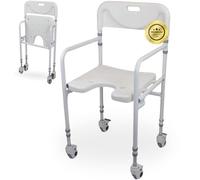 OrtoPrime Silla Ducha Personas Mayores Forma U con Ruedas Silla Baño Adultos Plegable - Silla Ducha Mayores Ortopédica - Silla de Baño Taburete Ducha para Mayores con Respaldo Altura Regulable