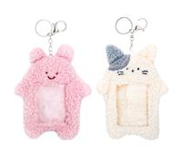 oruola - Lote de 2 portatarjetas fotográficas de peluche con llavero, cartera para tarjetas de fotos para niñas, funda para tarjetas Kawaii con gato blanco y conejo rosa