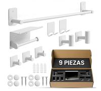 ORZAC®️ Accesorios Baño Sin Taladro Set 9 Piezas Blanco, Toallero y Portarrollos con Adhesivo o Tornillos, Ganchos de Pared