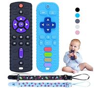 Orzbow 2 Piezas Mordedor Bebe, Mando Juguete Bebe de Silicona con Clip de Chupete y Botones Pulsables, Suave Juguetes Montessori Bebe 0-6 Meses, Mordedores Bebes 6-12 Meses, Negro y Azul
