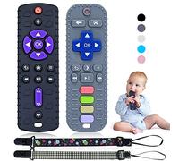 Orzbow 2 Piezas Mordedor Bebe, Mando Juguete Bebe de Silicona con Clip de Chupete y Botones Pulsables, Suave Juguetes Montessori Bebe 0-6 Meses, Mordedores Bebes 3-6Meses, Negro y Gris Oscuro